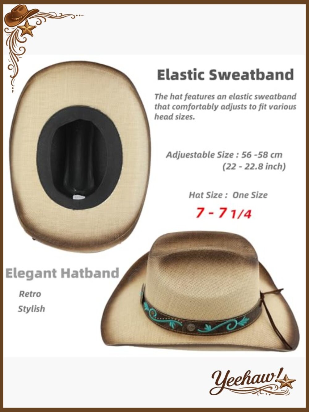 Straw Cowboy Hat Unisex Adjustable Fit Western Style Sun Protection - Picture 5 of 7